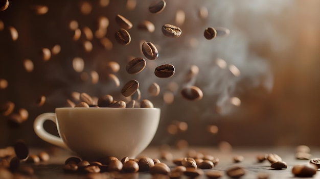 Aromatic Coffee Experience Cup met stoom en koffiebonen in omgevingslicht