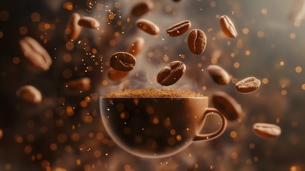 Кубок ароматического кофе с паром и кофейными зернами в окружающем свете