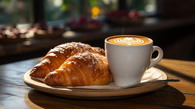 Aromatic coffee in a paper cup paired with a flaky croissant With copy space Generative AI