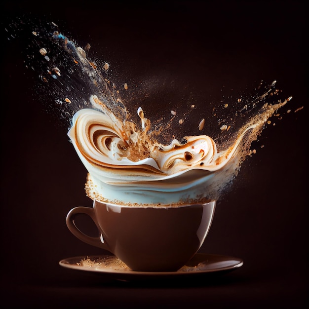 Aromatic coffee splashing in a Cappuccino cup on broun background AI Generated