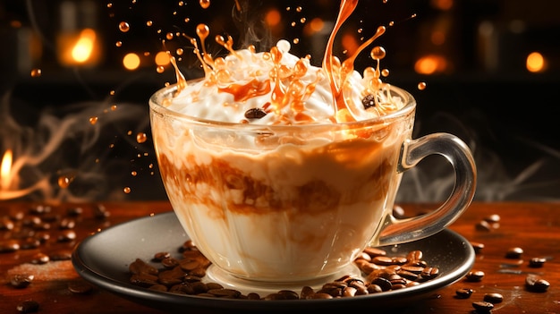 Aromatic coffee splashing in a cappuccino cup