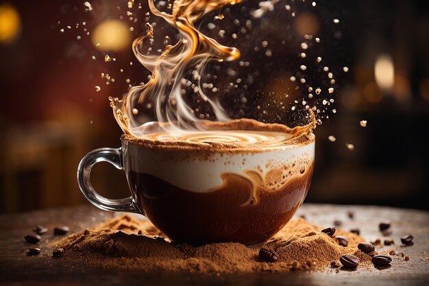 Aromatic coffee splashing in a cappuccino cup