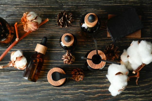 Aromatic concept with diffuser on wooden table