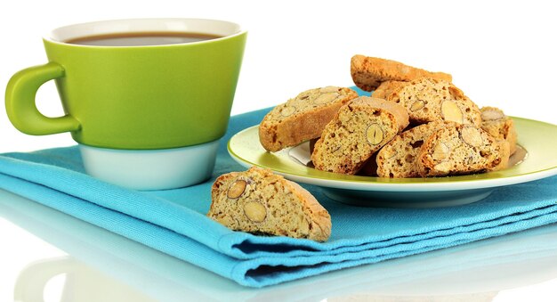 Aromatic cookies cantuccini and cup of coffee isolated on white