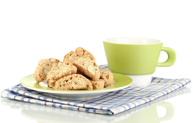 Photo aromatic cookies cantuccini and cup of coffee isolated on white