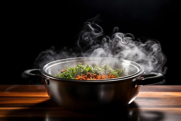 木製 の テーブル に 置か れ た 鍋 に  ⁇ い た 調理 の 香辛料 と 草薬