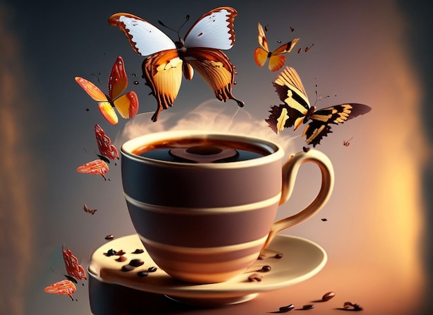 aromatic cup coffee butterfly in air