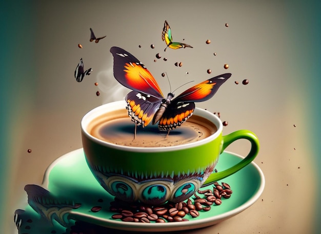 aromatic cup coffee butterfly in air