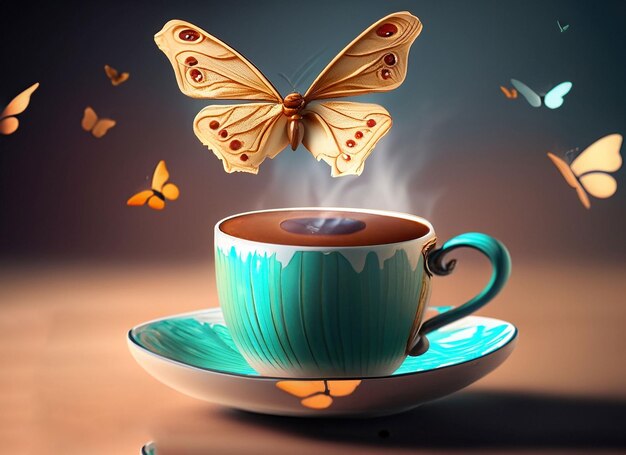 aromatic cup coffee butterfly in air