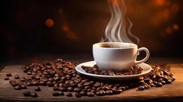 写真 香りの濃いコーヒーがカップに流れ焼いた豆が散らばっています