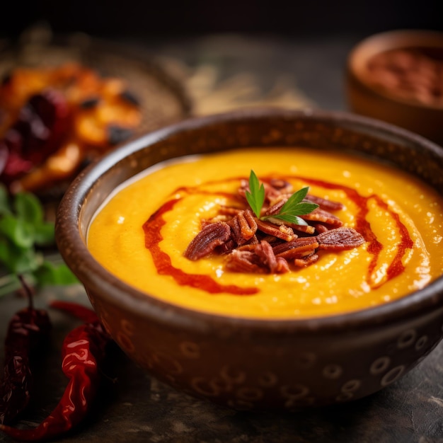 Aromatic Delights Mesmerizing Macro Shot of Mashed Pumpkin Soup crowned with SunDried Tomatoes