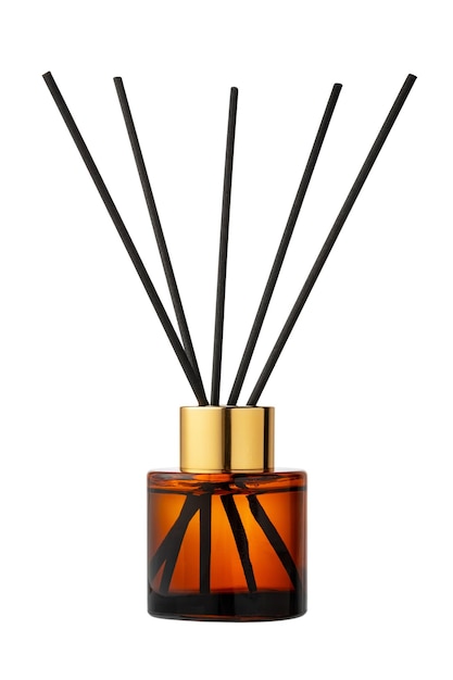 Aromatic diffuser bottle with sticks isolated on white background