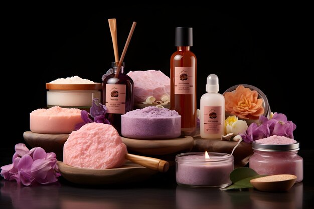 Aromatic display of natural loofahs body scrubs and soothing shower gels