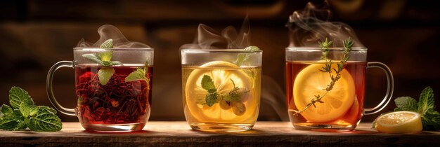 Photo aromatic herbal teas in transparent cups with steam