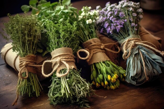 Aromatic herbs bundled and tied with twine created with generative ai