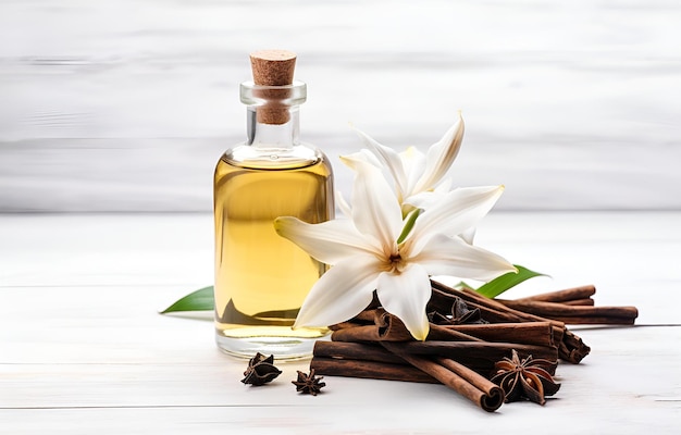 aromatic homemade vanilla extract and vanilla flowers on white w