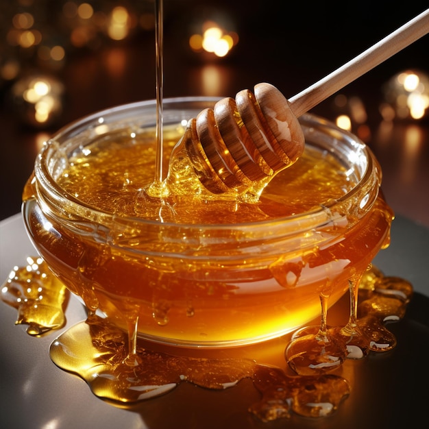 Aromatic honey into jar closeup