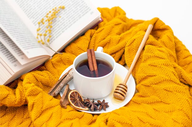 Aromatic hot cinnamon tea covered with a warm scarf on a wooden autumn background. honey dipper with honey. comfortable reading a book