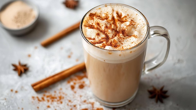 Photo aromatic hot drink in a glass cup on a light gray background the drink is topped with frothed milk and a sprinkle of ground cinnamon