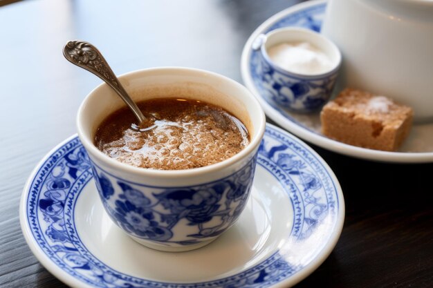 사진 아로마틱 인디운던스 커피와 갈색 설탕 혼합물이 파란색과 색 테이블에 제공됩니다.