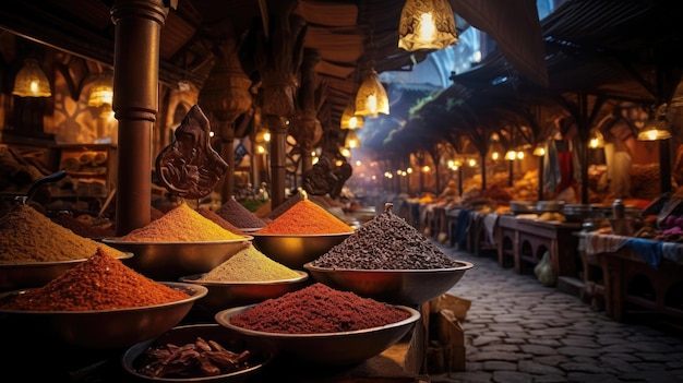 Aromatic Moroccan Spice Market with Colorful Pyramids of Spices