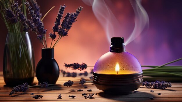 Фото Диффузор ароматического масла на столе с теплым светом, излучающим пар