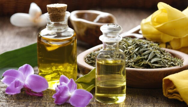 Aromatic oils and herbs on a wooden table