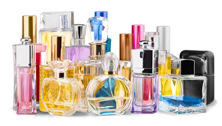Photo aromatic perfume bottles on background