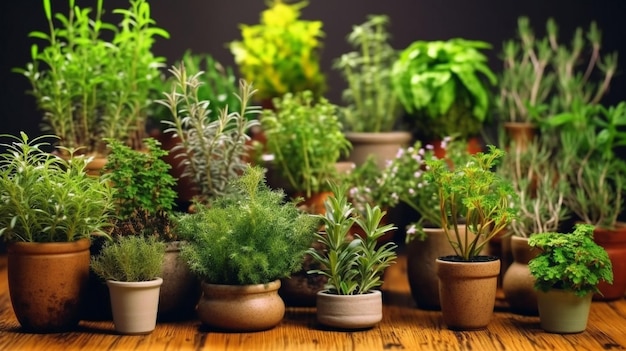 Photo aromatic potted herbs