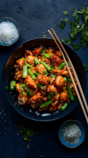 Foto an aromatic presentation of kung pao chicken in professional foodgraphy vertical mobile wallpaper