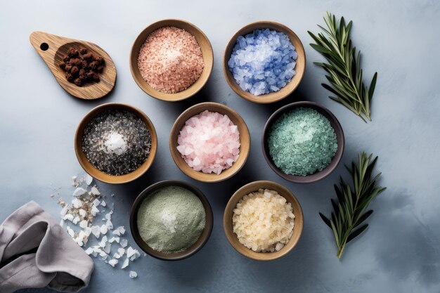 Aromatic sea salts for a spa experience handcrafted natural products captured from an aerial persp