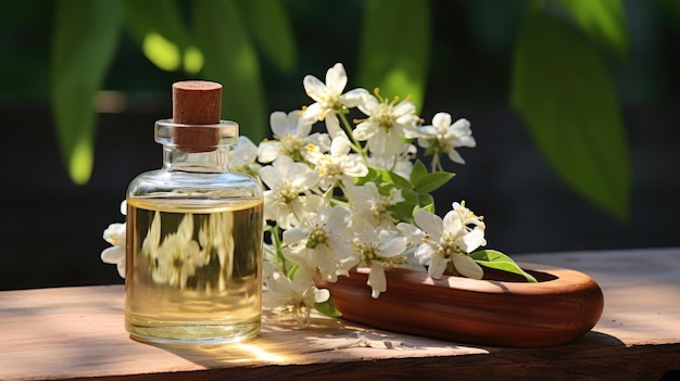 Aromatic spa aromatherapy a bottle of essential oil and cedarwood jasmine flowers