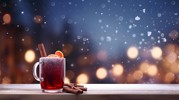 Aromatic spiced mulled wine with orange set on a wooden surface against a wintery backdrop