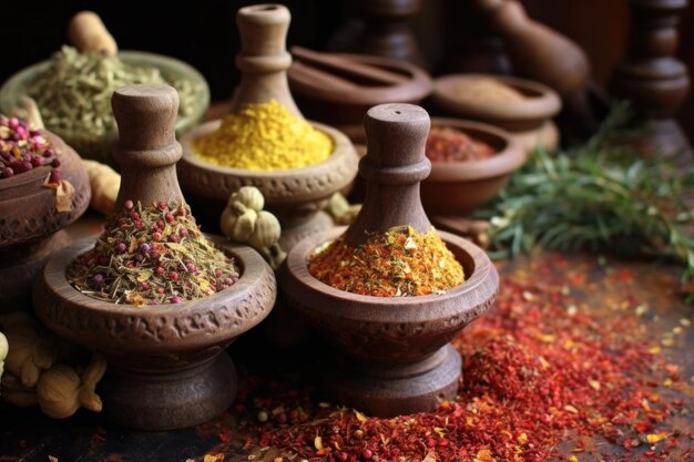 Aromatic spices arranged in a traditional mortar and pestle created with generative ai