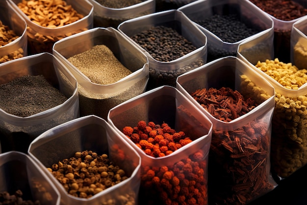 Aromatic spices in bags in rows Selective focus