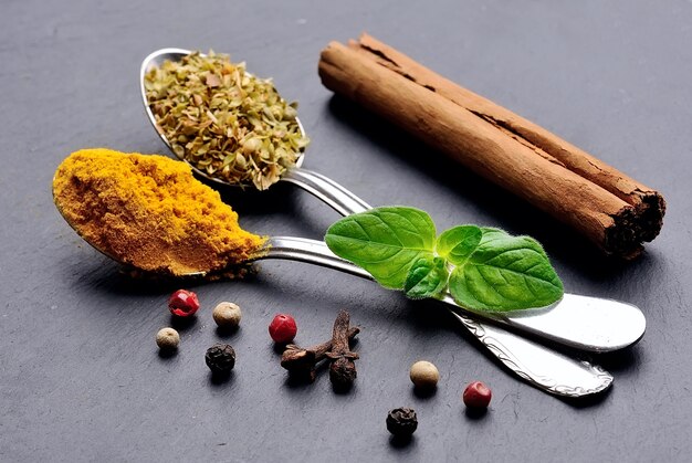 Aromatic spices curcuma, cinnamon, pepper and oregano