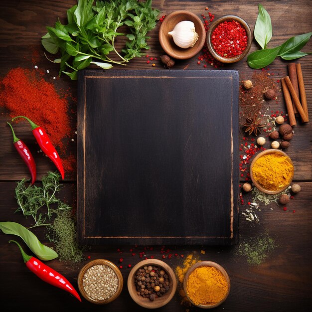 Aromatic spices and herbs arranged on a rustic wooden board