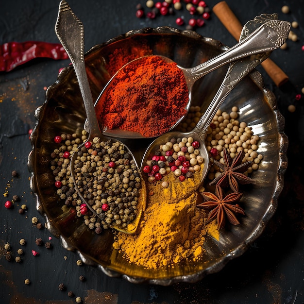 Aromatic spices on vintage spoons in rustic setting for culinary use vibrant colors and textures ideal for food blogs and menus AI