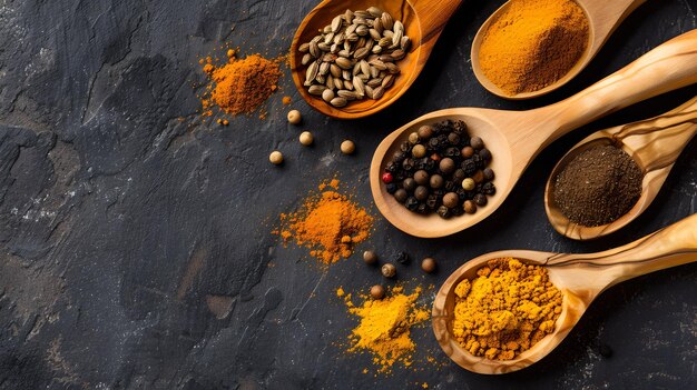 Photo aromatic spices in wooden spoons on dark background kitchen ingredients for flavor culinary herbs closeup shot cooking and gastronomy concept ai