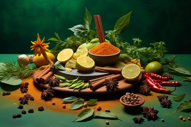 Aromatic Symphony Vibrant Composition with Spices and Herbs on Colorful Background