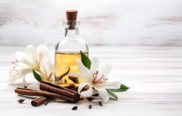 Aromatisch zelfgemaakt vanille-extract en vanillebloemen op wit w