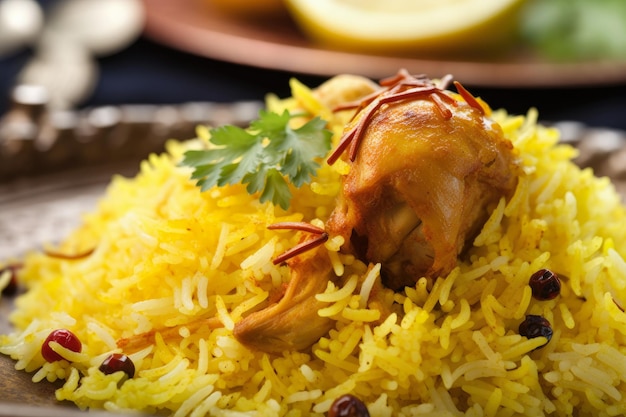 Aromatische basmatirijst en malse kip in een close-up van Biryani