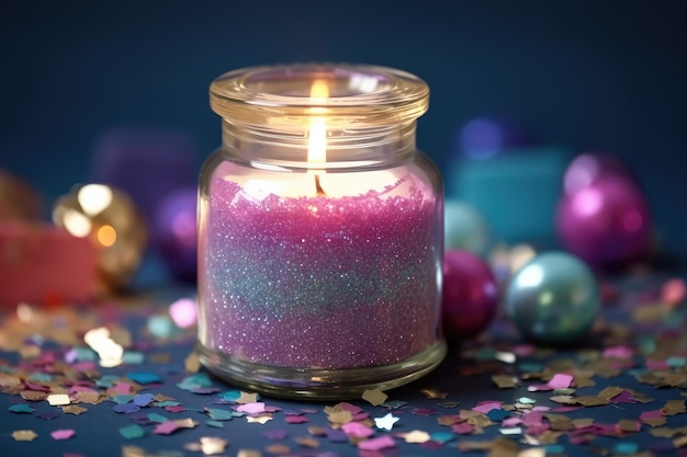 Foto aromatische kaars branden in een pot gevuld met glitter en confetti