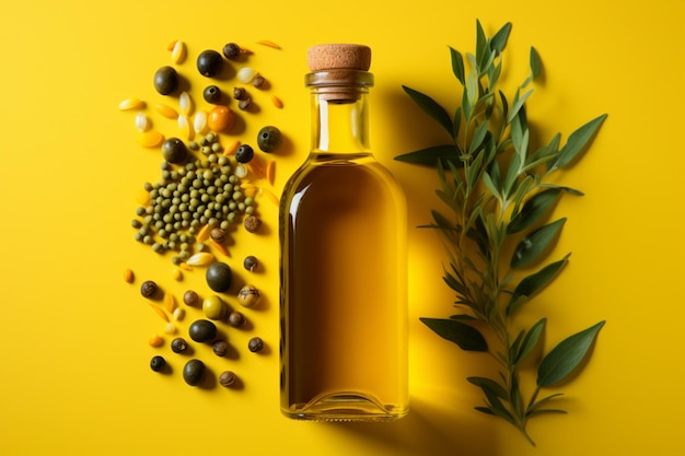 Aromatische specerijen sieren een fles olijfolie op een levendige gele achtergrond