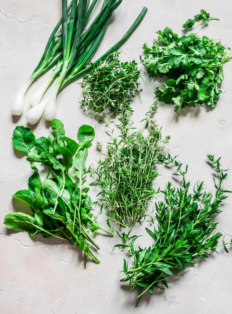 Aromatische tuinkruiden rozemarijn koriander groene ui Dragon tijm rucola sla op een lichte achtergrond bovenaanzicht Voedselbereiding ingrediënten kruiderijen