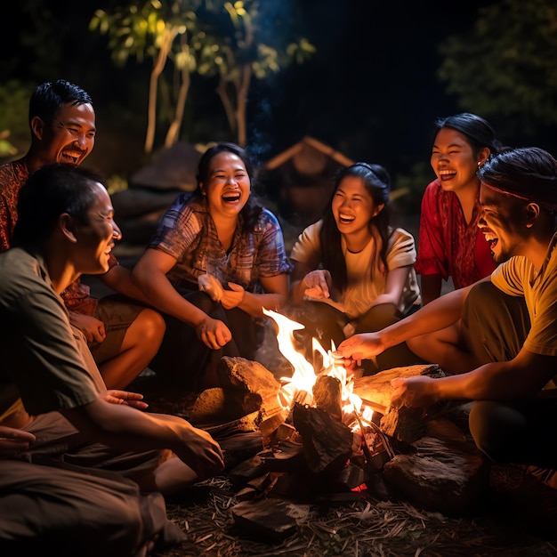 Around a flickering campfire a vibrant assembly of people representing various ethnicities
