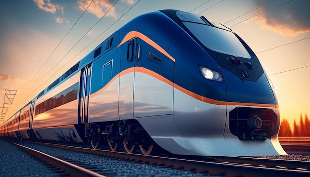 Foto verso il tramonto un treno blu ad alta velocità si muove attraverso la stazione ferroviaria uno sfondo nebbioso e un treno intercity moderno e veloce piattaforma ferroviaria ia generativa