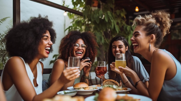 Around the table in a summer diner happy friends are giggling and grinning broadly