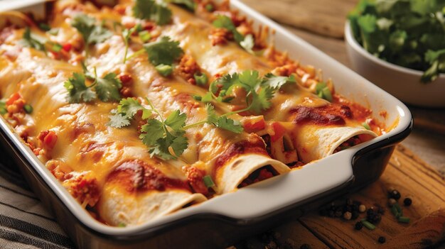 멕시코 요리의 집에서 만든 편안한 느낌을 불러일으키기 위해 엔칠라다를 약간 망진창으로 배열하십시오.