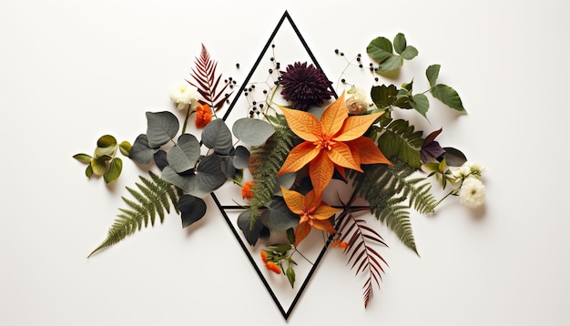 Arrange leaves and flowers in a geometric pattern such as circles triangles or hexagons for a modern and structured look against a clean white background